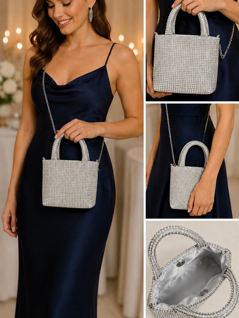 NWT Jessica McClintock Crystal Embellished Mini Tote Silver Rhinestone Purse